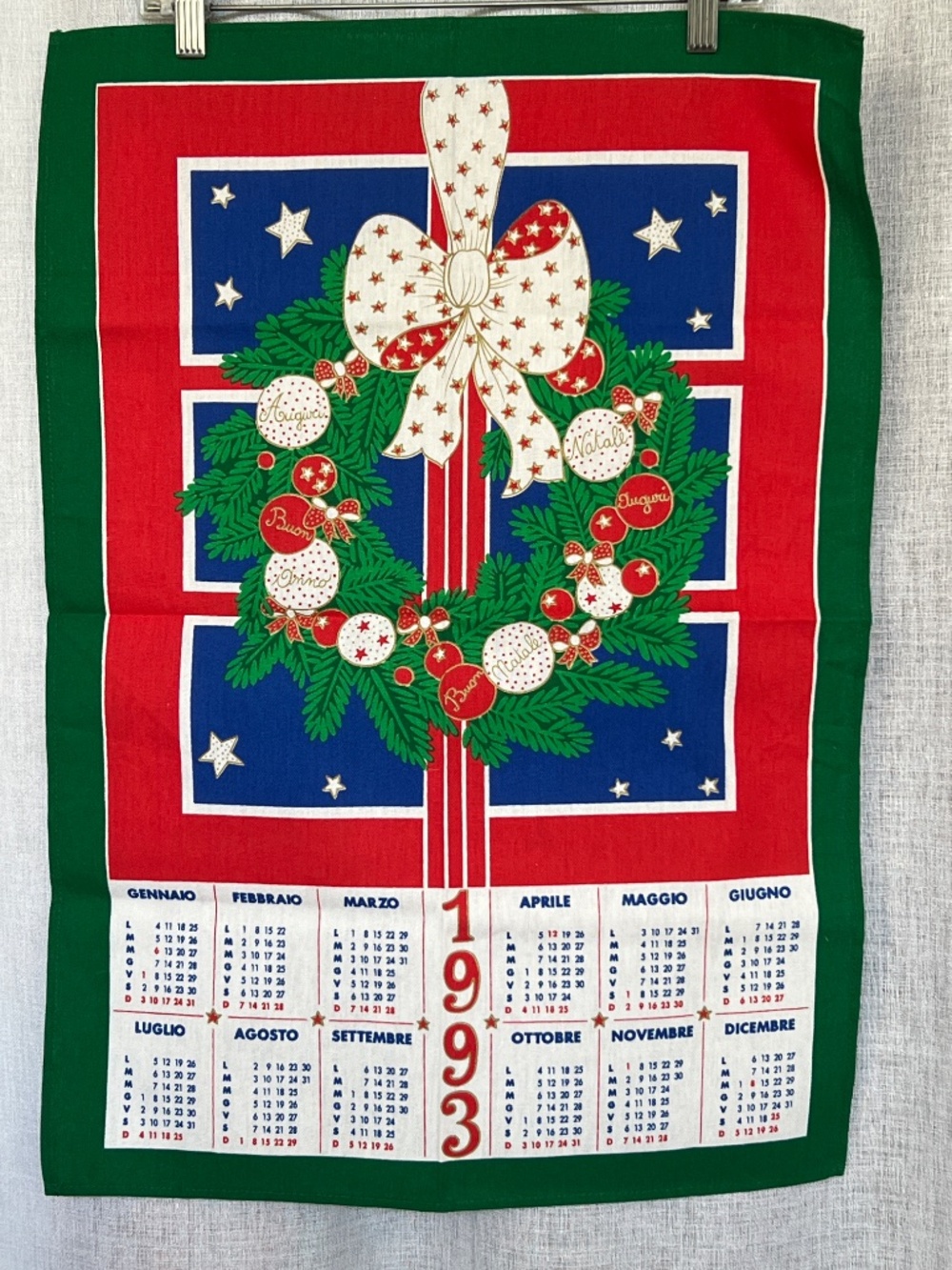 90's Christmas Tea Towel Calendar 19" x 26" Signed Wreath Xmas Balls Bow